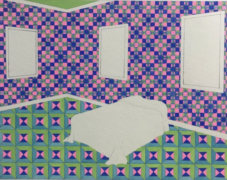 Erin Codey’s painting Motel #4: a motel room with patterned wallpaper, a patterned floor, three blank pictures and a bed.