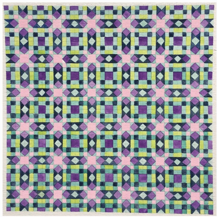 Erin Codey’s painting: a dense grid quilt design in purple, green, navy and pink.