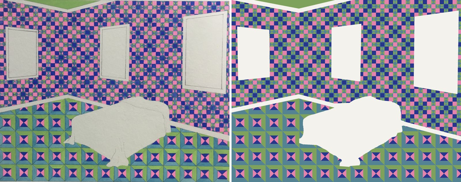 The painting on the left, the design drawn back out on the right.