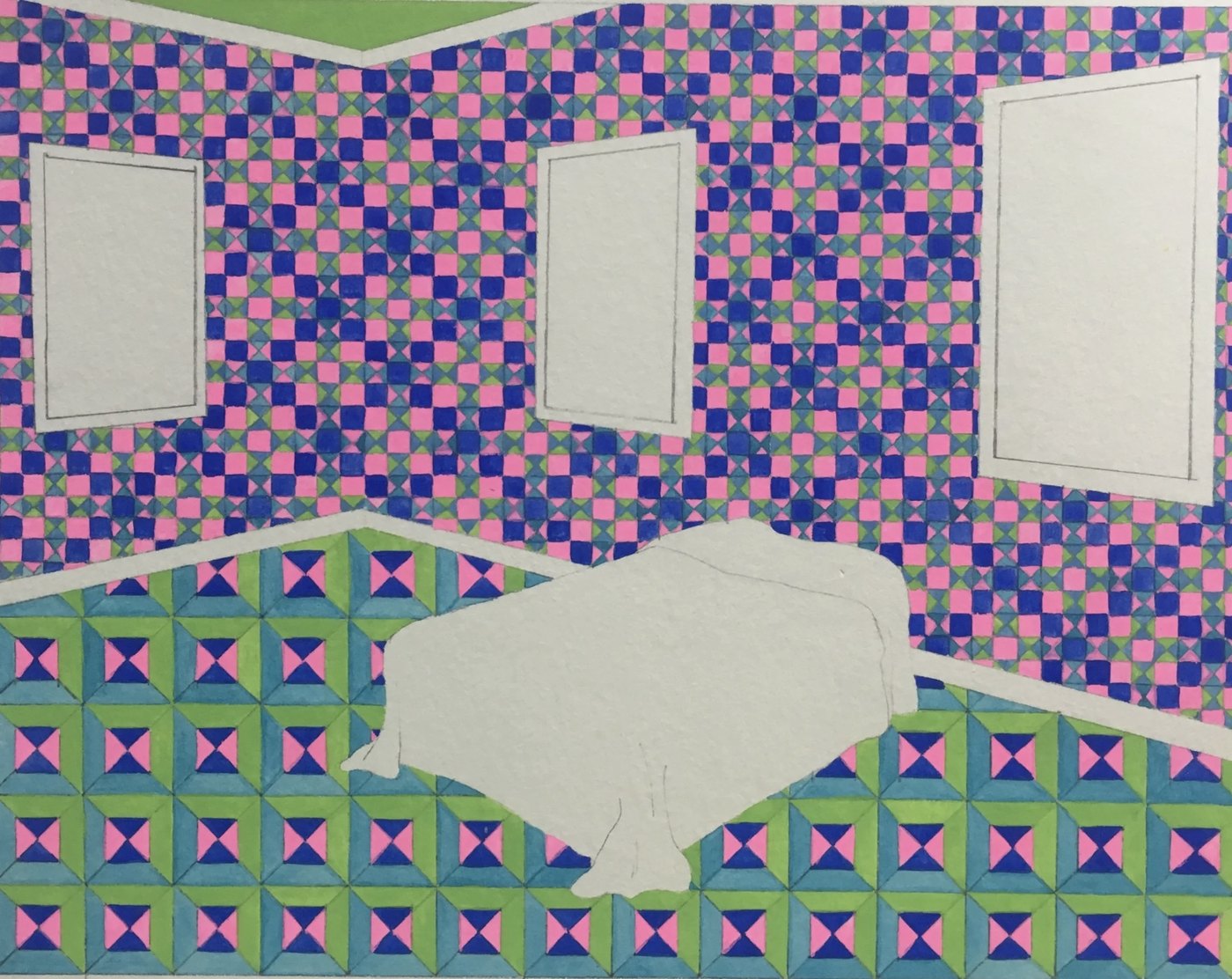 Erin Codey's painting Motel #4: a motel room seen into its corner, with patterned wallpaper, a patterned floor, three blank framed pictures and a made bed.