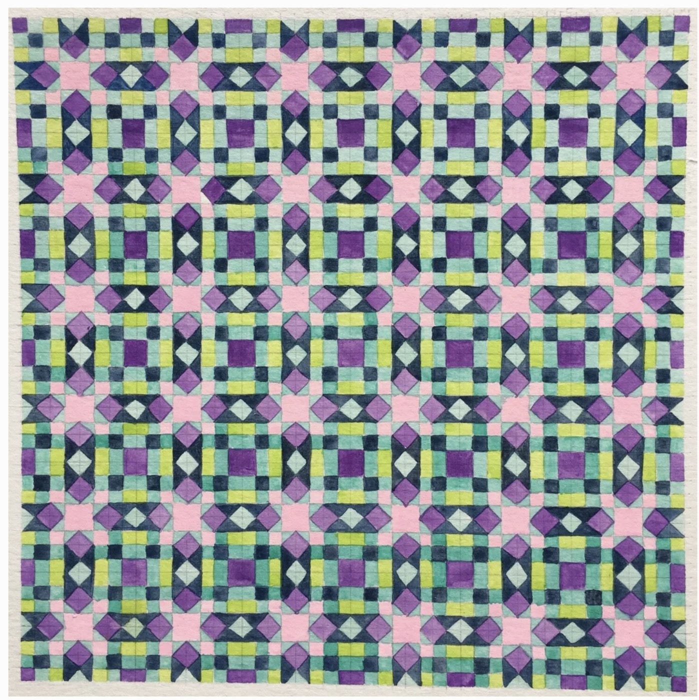 Erin's painting: a dense grid quilt design in purple, green, navy and pink.